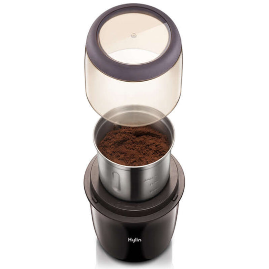 Kylin Electric Multi-Purpose Grinder with transparent lid and ground coffee, showcasing affordable quality for DIY enthusiasts.