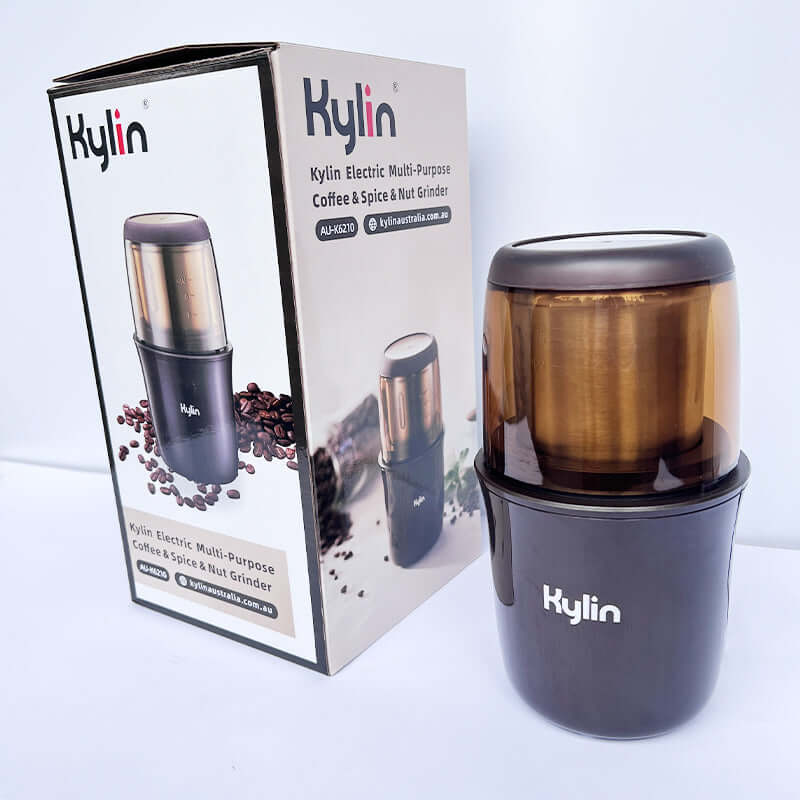 Kylin Electric Multi-Purpose Grinder for coffee, spices, and nuts in compact design, featuring quality stainless steel and durable materials.