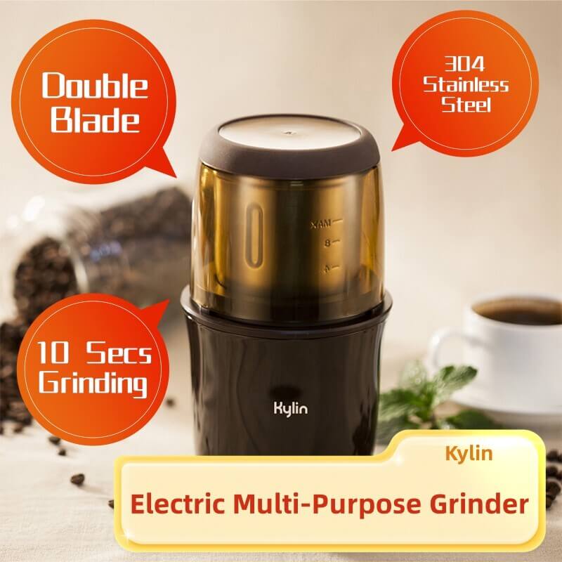 Kylin Electric Multi-Purpose Grinder with double blade, 304 stainless steel, and 10 seconds grinding feature for coffee and spices.