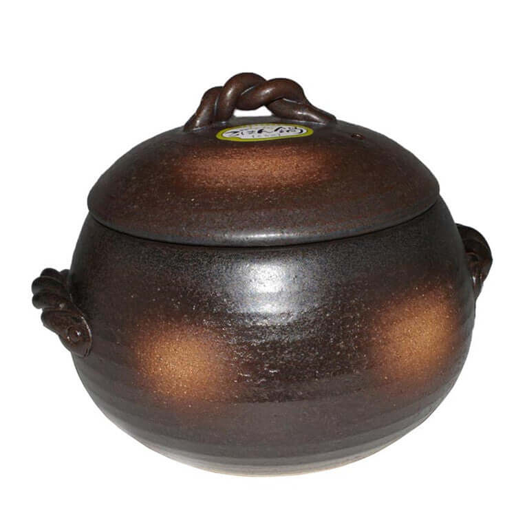 Japanese Yorozufuru-sho brown donabe rice clay pot with lid, ideal for hot pot cooking, 4L capacity, handcrafted quality cookware.