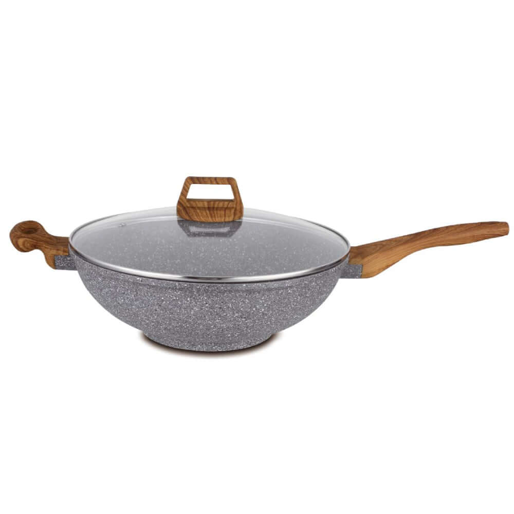 Hello Kitchen 32cm non-stick marble wok with glass lid and wooden handle, perfect for affordable DIY cooking.