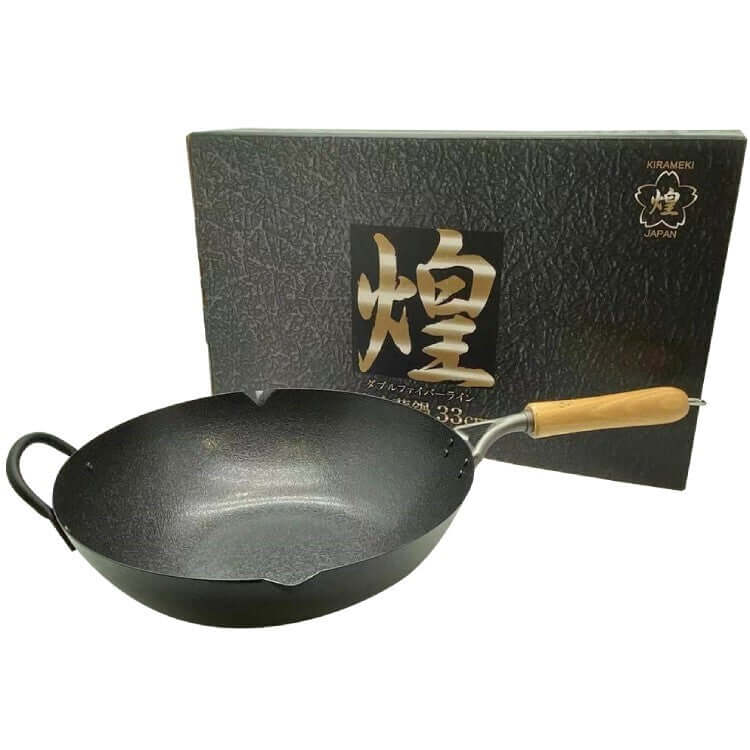 Kirameki Cast Iron Double Fiber Line Stir-fry Wok 33cm with wooden handle, box packaging, made in Japan, affordable quality cookware.