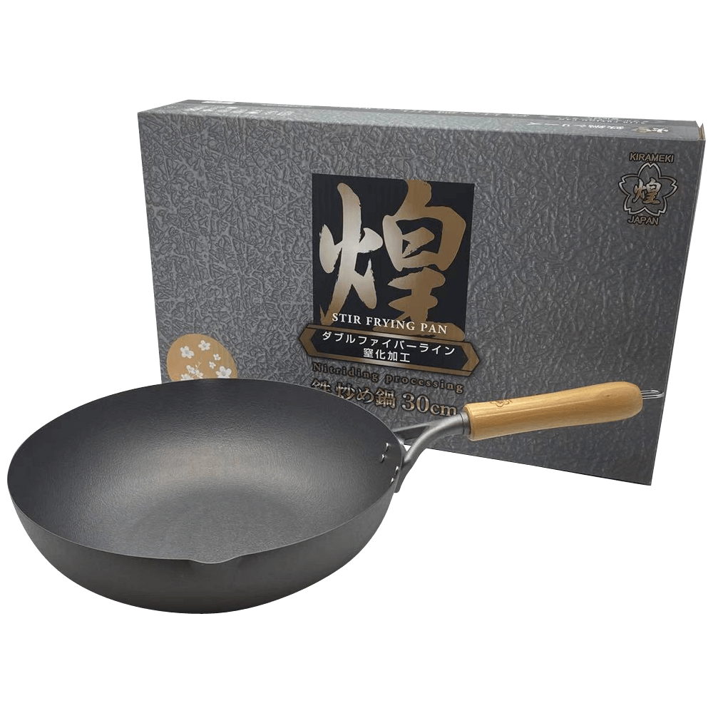 Kirameki Premium 30cm cast iron stir-fry wok made in Japan with a wooden handle and elegant packaging for quality cooking.