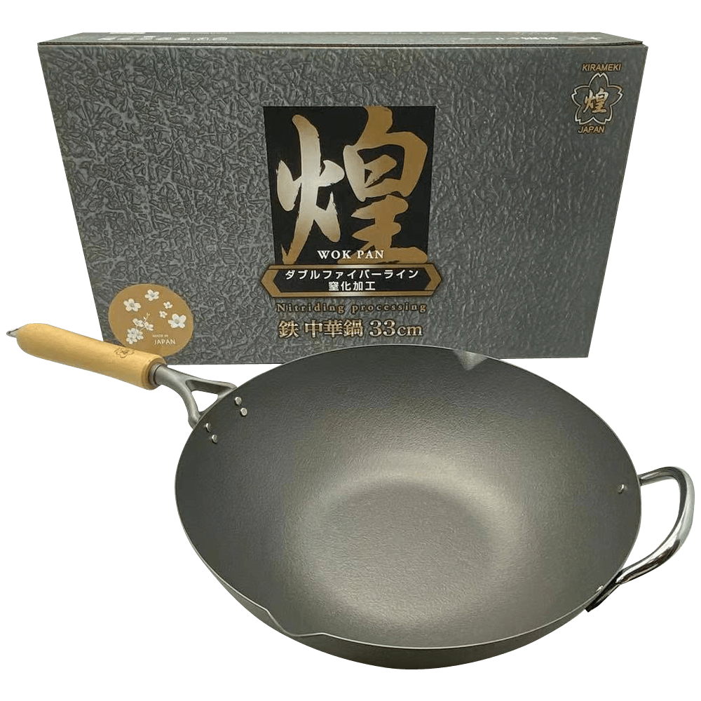 Kirameki Premium Cast Iron Nitriding Stir-fry Wok 33cm, made in Japan, in box, showcasing quality and affordable cookware.