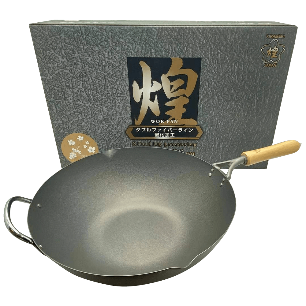 Kirameki Premium Cast Iron Nitriding Stir-fry Wok with wooden handle, presented in an elegant box, made in Japan.