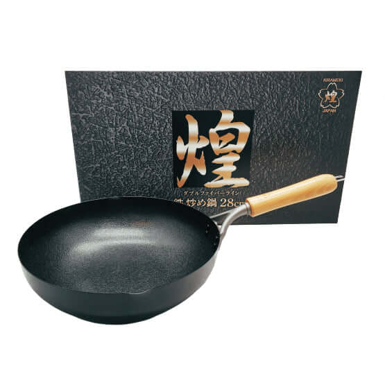 Kirameki 28cm cast iron stir-fry wok with wooden handle, presented in a stylish black box, made in Japan. Affordable quality cookware.