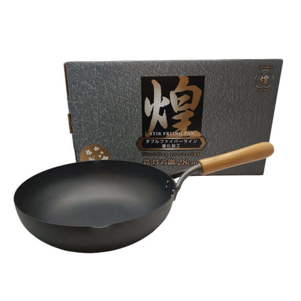 Kirameki 28cm Premium Cast Iron Stir-fry Wok with wooden handle and box packaging, made in Japan, affordable quality cookware.