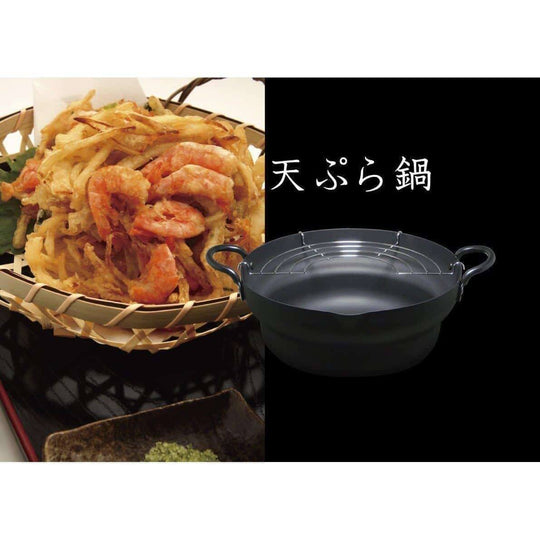 Takumi Japan Iron Tempura Deep Fry Pot with tempura dish, showcasing quality cooking for affordable luxury dining experiences.