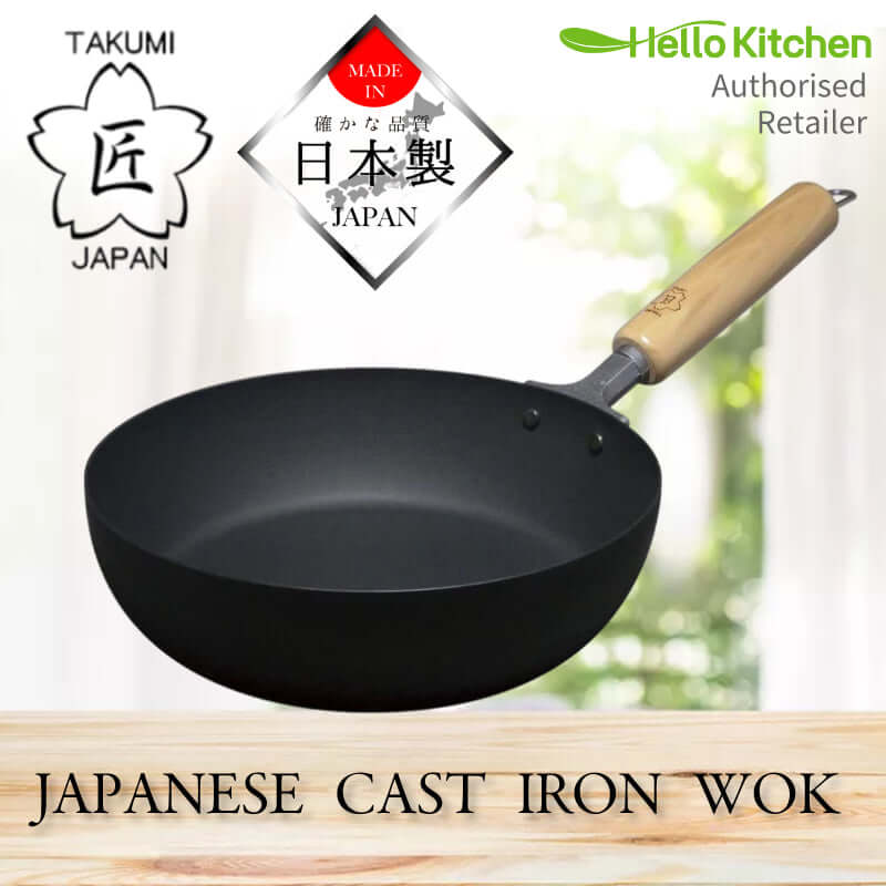 Takumi Premium Cast Iron Wok made in Japan, featuring a wooden handle, ideal for quality cooking at an affordable price.