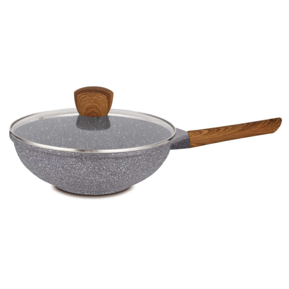 Hello Kitchen Non-stick Marble Wok 28cm with glass lid and wooden handle, perfect for affordable DIY cooking.