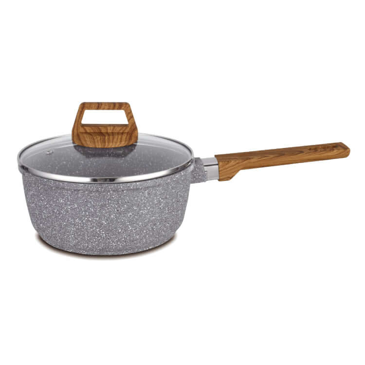 Hello Kitchen Non-stick Marble Saucepan 20cm with lid and wooden handle, perfect for affordable cooking and DIY recipes.