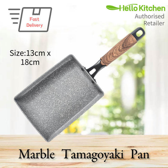 Hello Kitchen Marble Tamagoyaki Fry Pan, 13x18cm, non-stick, affordable quality for DIY Japanese omelettes.