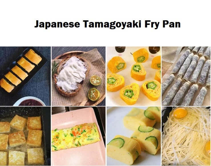 Japanese Tamagoyaki fry pan showcasing delicious rolled omelettes and various cooking styles for DIY breakfast meals.