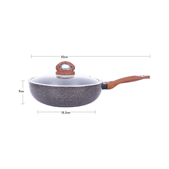 Justcook 30cm Marble Wok Stirfry Pan with wooden handle and glass lid, showcasing dimensions of 50cm x 18.5cm x 9cm.