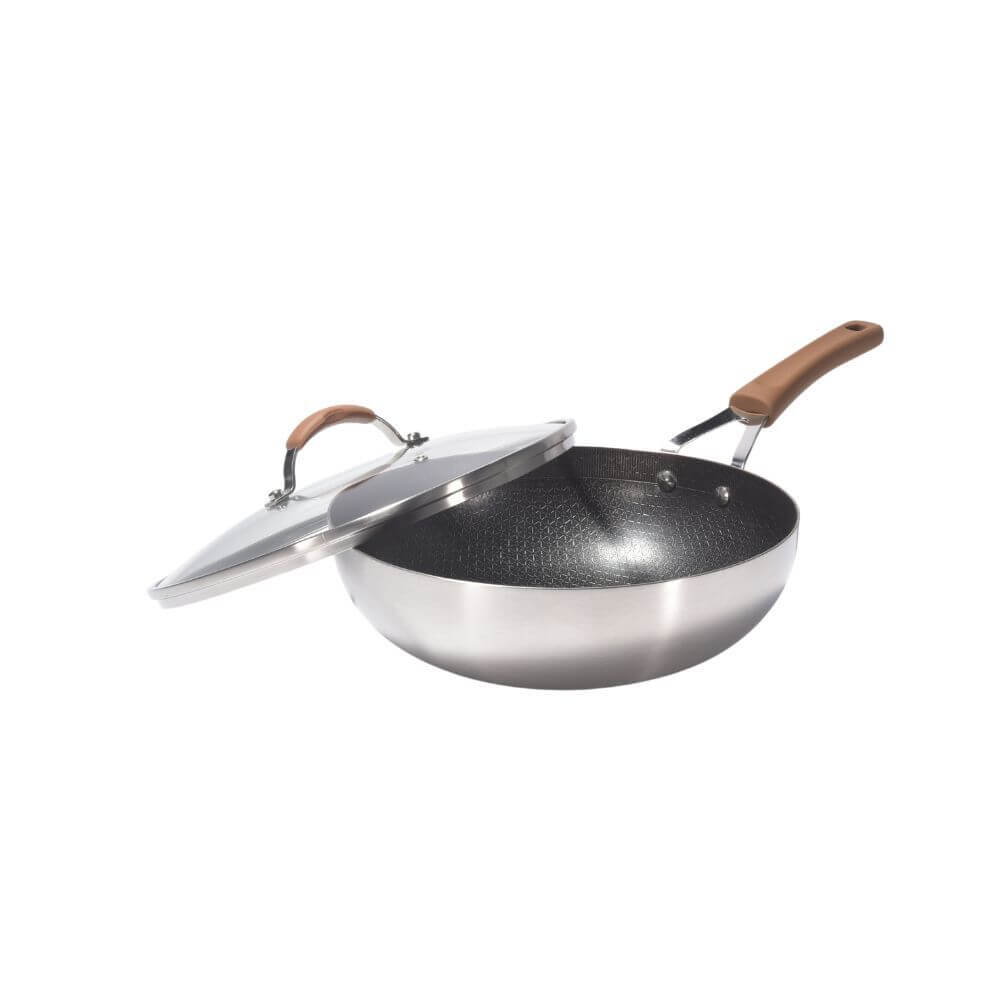 Kylin 3 Layer Stainless Steel Non-Stick Noka Wok with lid, 30cm, featuring a durable design for quality cooking.