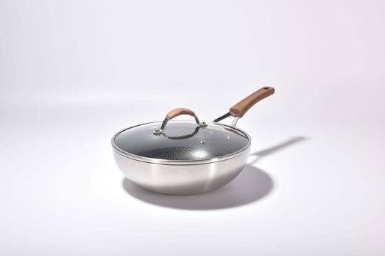 Kylin 3 Layer Stainless Steel Non Stick Noka Wok 30cm with glass lid and ergonomic handle for easy cooking and cleaning.