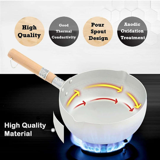 Justcook 20cm Japanese-style Xueping pot showcasing high-quality materials, thermal conductivity, pour spout design, and anodic oxidation treatment.