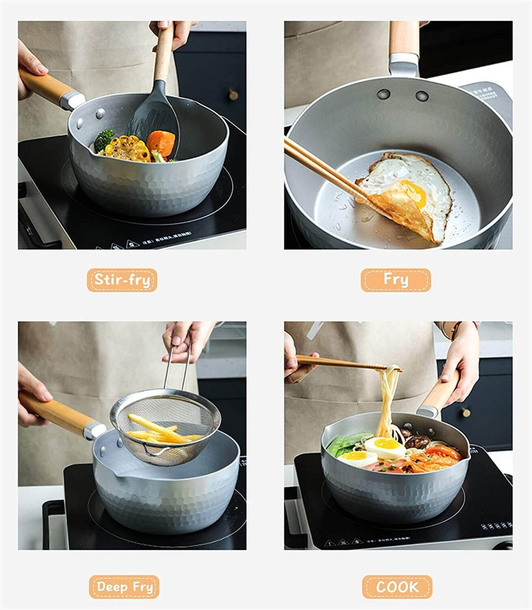 Justcook 20cm stainless steel pot in action, showcasing stir-fry, fry, deep fry, and cook methods with vibrant food.