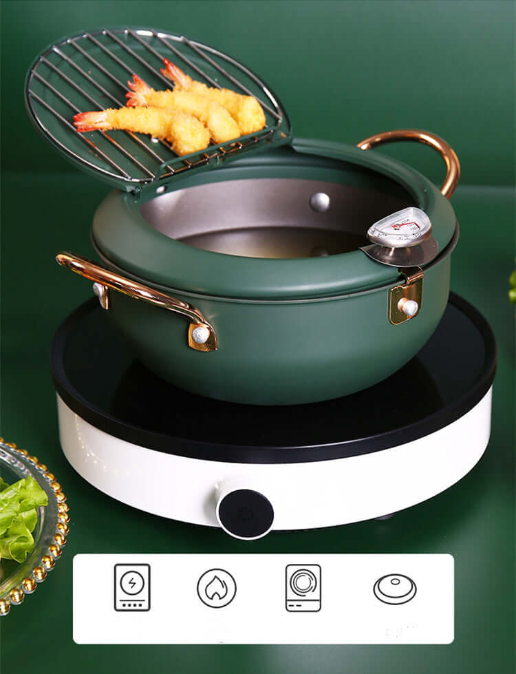 Justcook 20cm Tempura Karaga Fryer with shrimp, thermometer, and detachable oil rack on a heating base for quality frying.