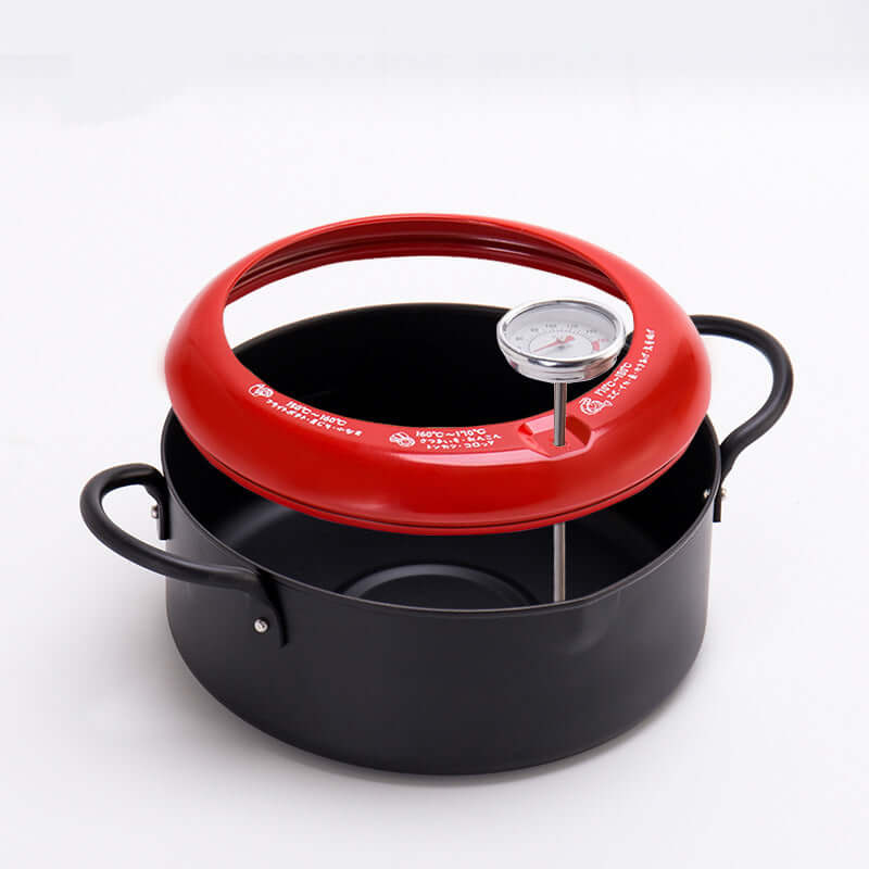 Justcook 20cm double handle fryer pot with red lid and stainless steel thermometer for safe, efficient frying.