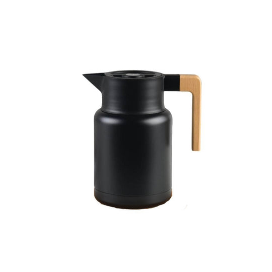 Black Kylin 304 stainless steel vacuum jug with wooden handle, 1.3L capacity, sleek design for hot or cold beverages.