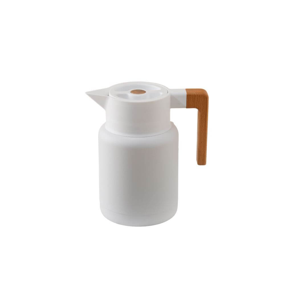 Kylin 304 stainless steel Japanese vacuum jug 1.3L in white with a wooden handle, perfect for hot or cold beverages.