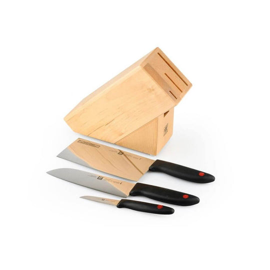 Zwilling ZW-K14 Twin Point 4PC Knife Set with birchwood block and three high-quality kitchen knives for DIY chefs.