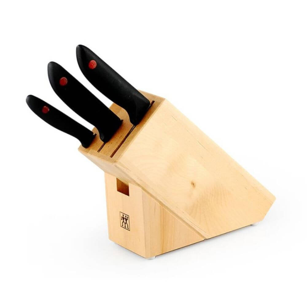 Zwilling ZW-K14 knife set with three knives in a birchwood block, perfect for affordable luxury in DIY cooking.