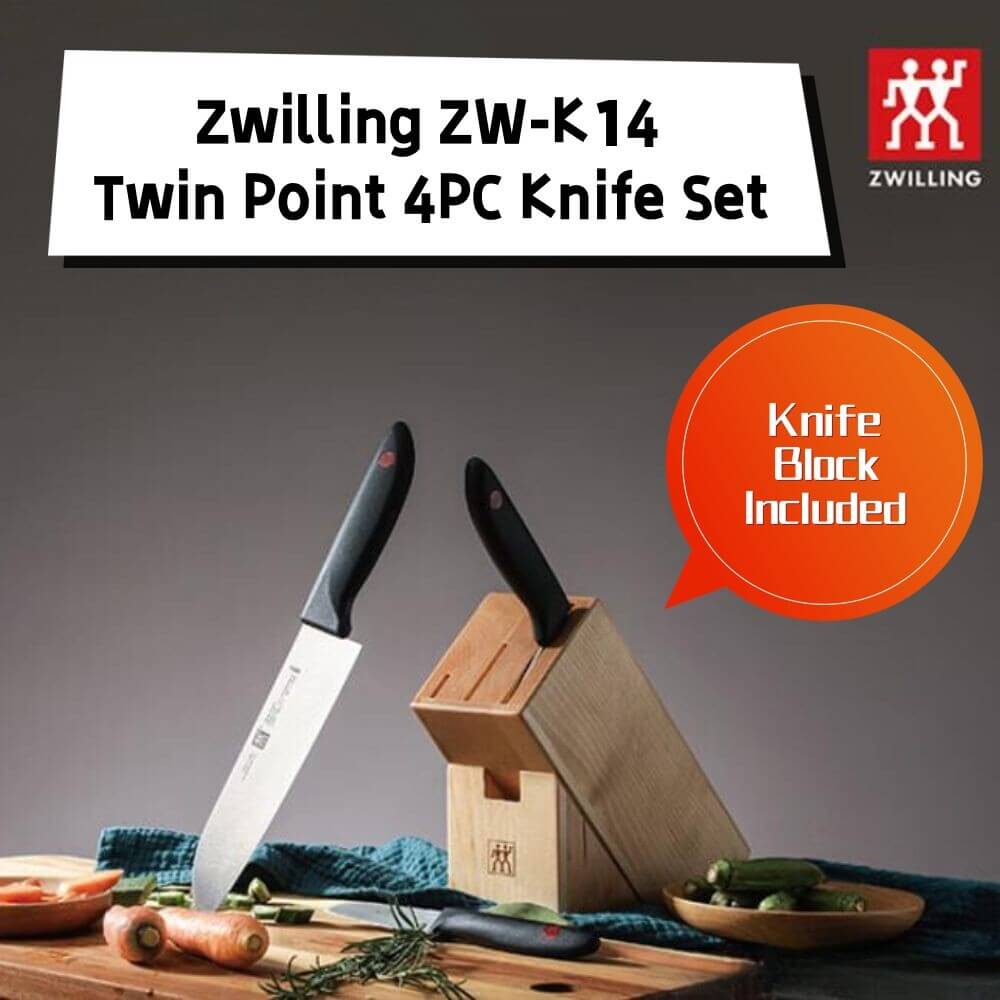 Zwilling ZW-K14 Twin Point 4PC Knife Set with knife block, showcasing affordable quality knives for DIY and professional cooking.