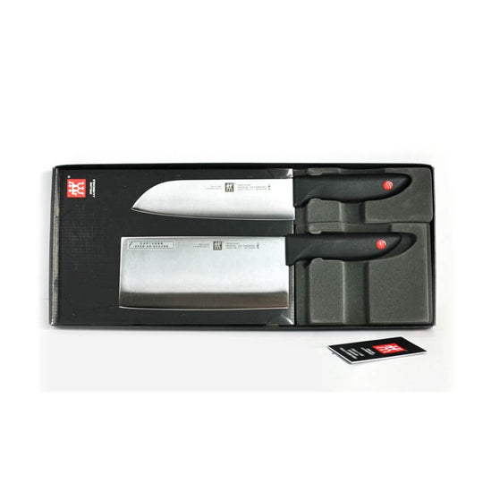 Zwilling ZW-K12 Twin Point 2PC Chef's Knife Set in elegant packaging, featuring a Chinese chef's knife and Santoku knife.