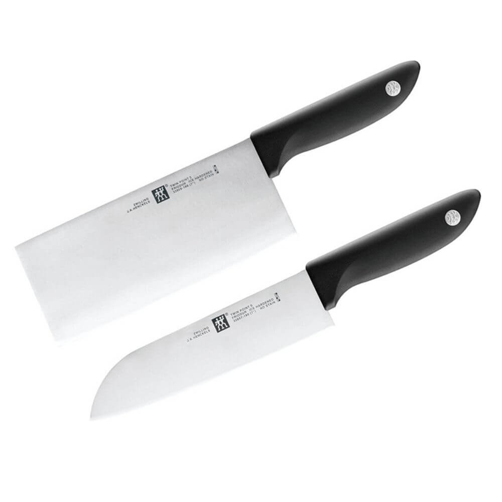 Zwilling ZW-K12 Twin Point Chef's Knife 2PC Knife Set featuring a Chinese chef's knife and a Santoku knife. Affordable quality kitchen tools.