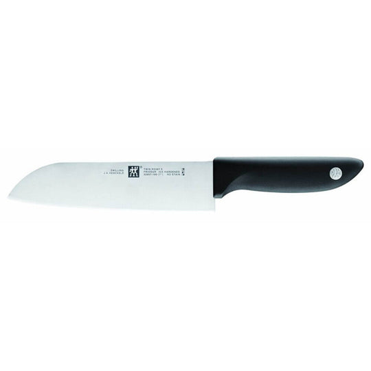 Zwilling ZW-K12 Twin Point Santoku Knife with black handle, perfect for affordable and quality kitchen prep.