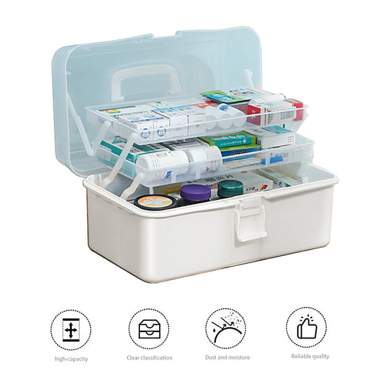 Large portable first aid kit with three tiers for organized medical supplies, made from durable moisture-resistant materials.