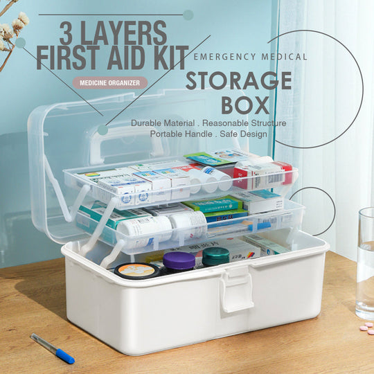 3 layers portable first aid kit storage box with durable material, easy transport handle, and organized design for emergency needs.