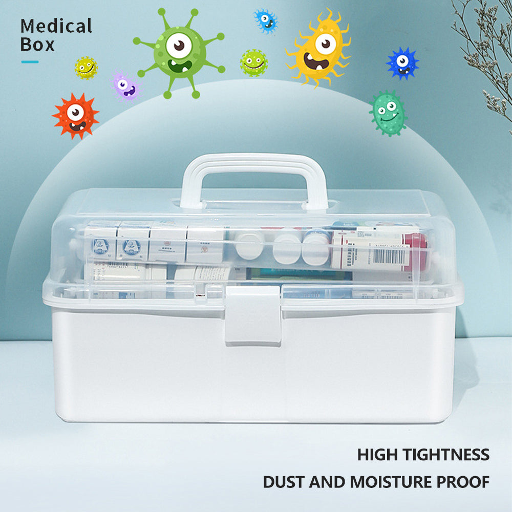 Durable 3-layer first aid kit, portable medical storage, affordable quality organizer, dust and moisture proof.