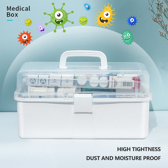 Durable 3-layer first aid kit, portable medical storage, affordable quality organizer, dust and moisture proof.