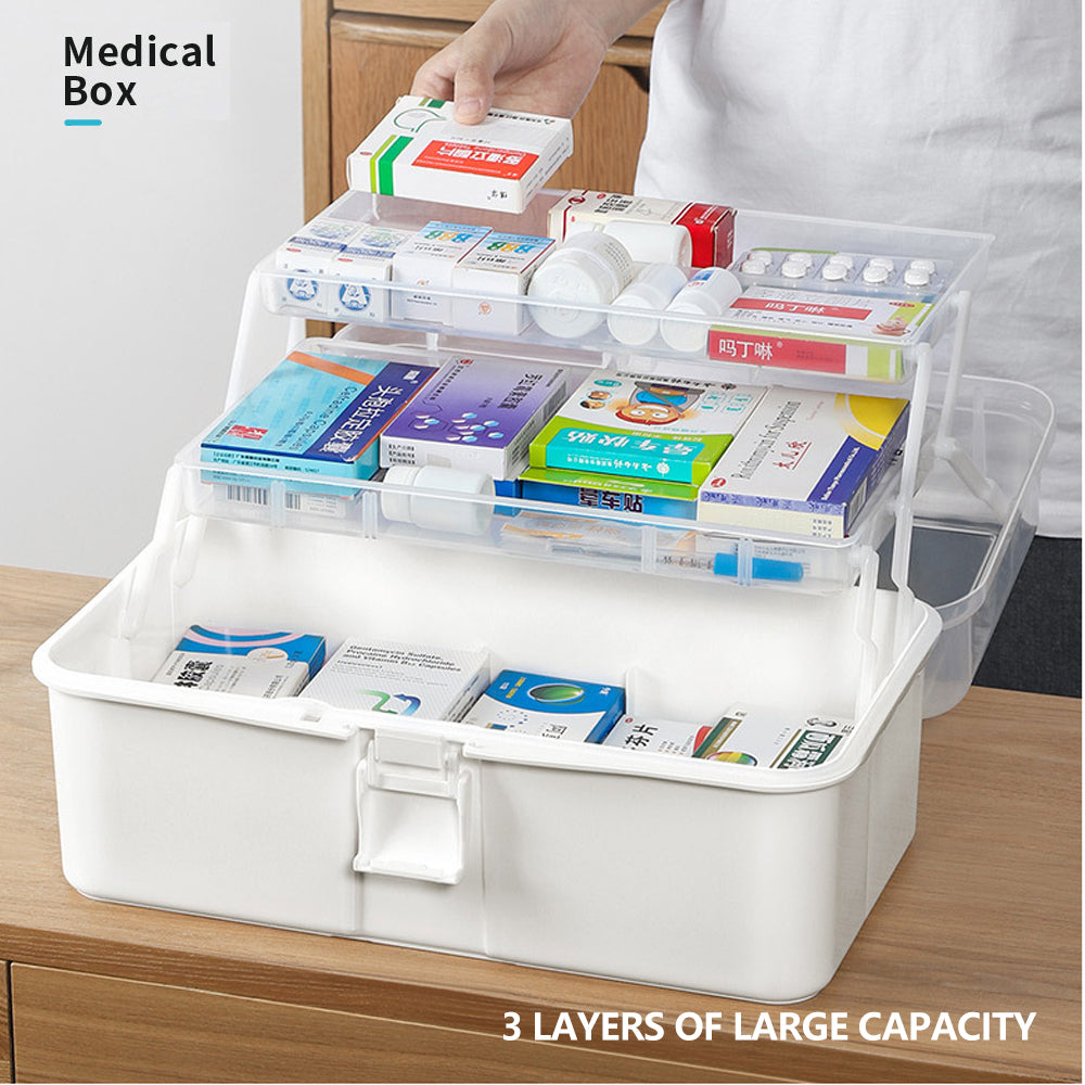 Large portable first aid kit with 3 layers for organized emergency medical storage, perfect for DIY and safety.