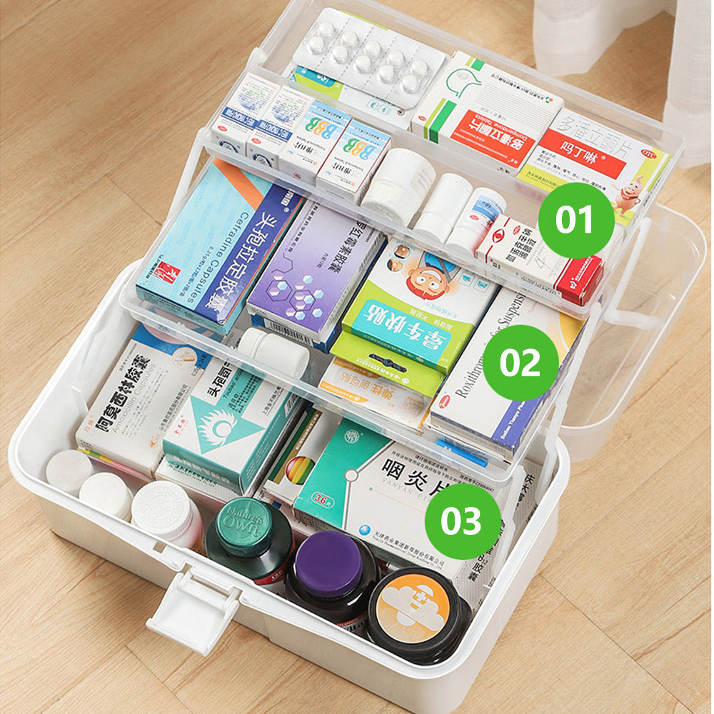 3 layers of organized medications in a durable first aid kit, showcasing an affordable and quality medical storage solution.