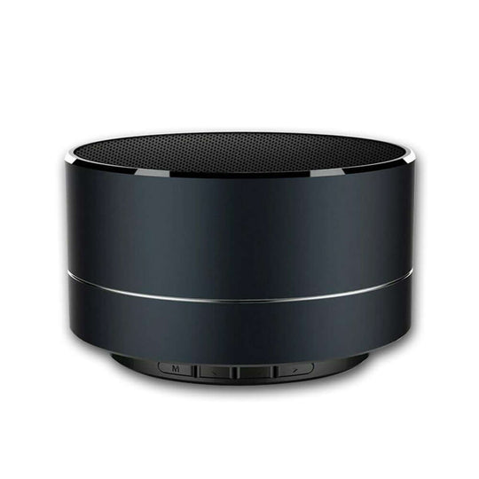 Portable black Bluetooth speaker with elegant design, LED light, and easy-to-use controls for affordable quality music.