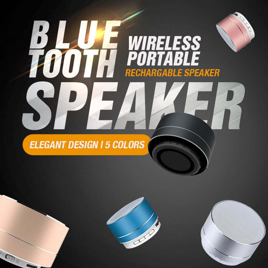 Bluetooth portable speaker in various colors, featuring an elegant design, wireless connectivity, and rechargeable functionality.