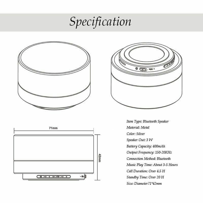 Bluetooth speaker specifications including dimensions, materials, and performance details, featuring a sleek silver design.