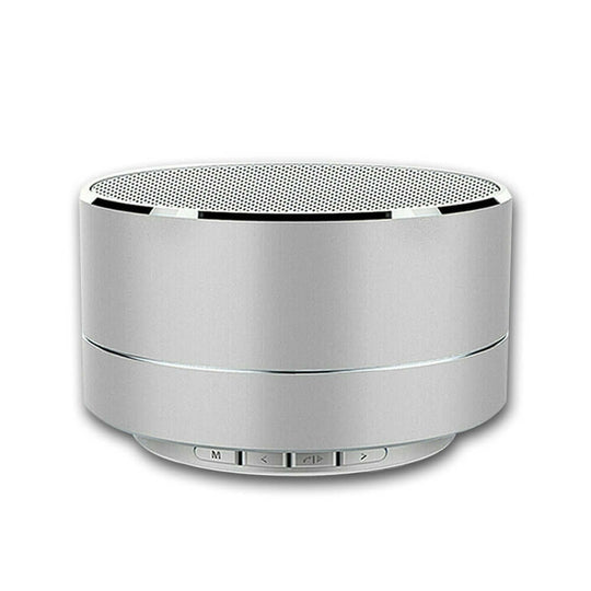 Portable silver Bluetooth speaker with elegant design, LED light, and handsfree connectivity for quality sound anywhere.