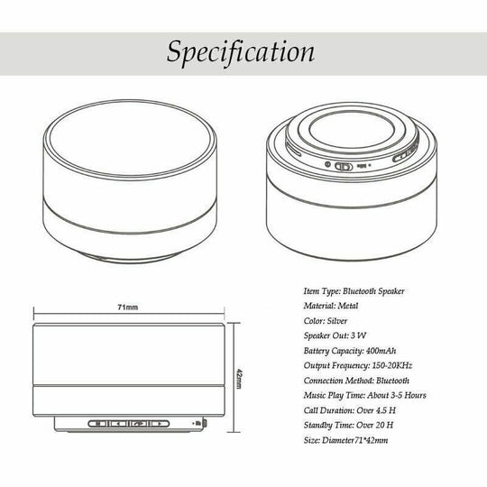 Technical specifications of a silver portable Bluetooth speaker with dimensions, battery info, and playtime details.