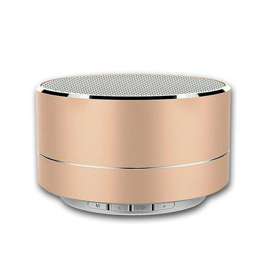 Elegant gold portable Bluetooth speaker with LED light and quality sound, perfect for indoor and outdoor use.