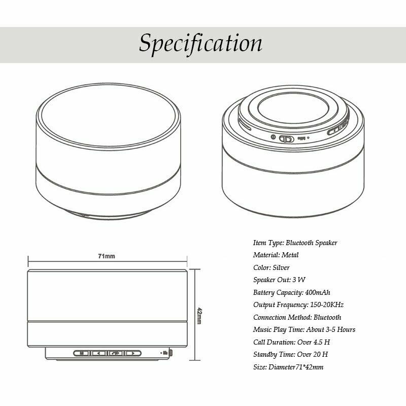 Bluetooth speaker design specifications showing dimensions, battery capacity, and features in a sleek silver finish.