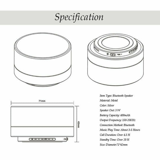 Bluetooth speaker design specifications showing dimensions, battery capacity, and features in a sleek silver finish.