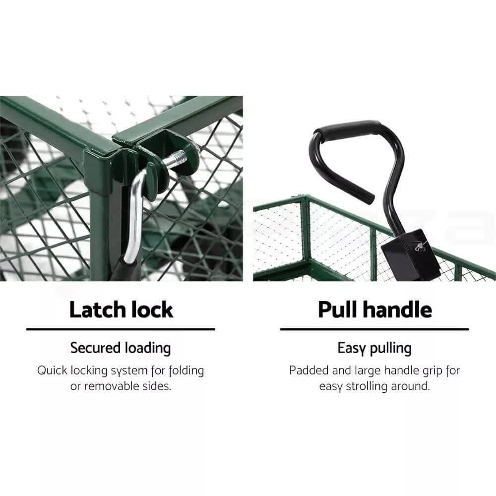 Latch lock and pull handle features for Gardeon garden cart, ensuring secure loading and easy pulling.