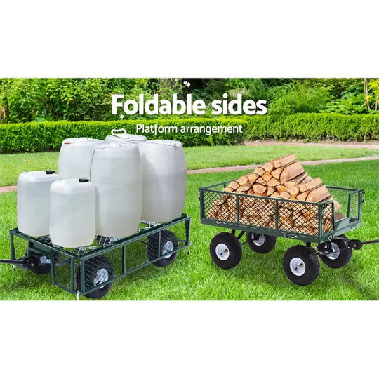 Affordable Gardeon garden cart with foldable sides, ideal for DIY and transporting items like barrels and firewood.