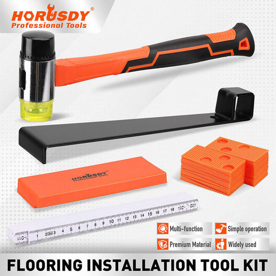 HORUSDY 48Pc laminate wood flooring installation kit with hammer, pull bar, and spacers for DIY projects.