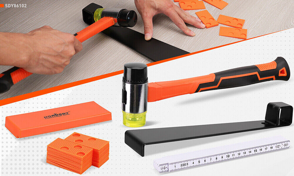 DIY laminate flooring tools kit including tapping block, rubber mallet, pull bar, and measuring tool for quality installations.